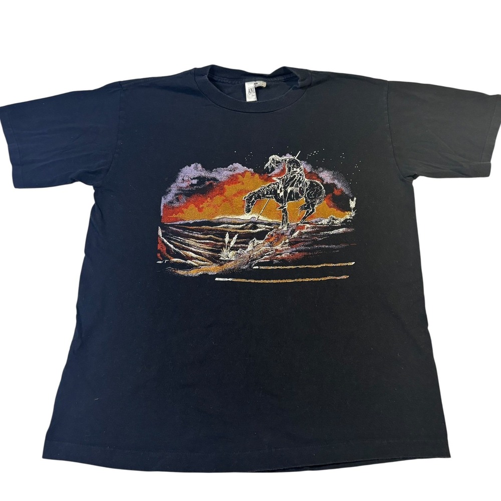 Vintage Style Graphic T-Shirt Black Horse Rider Scene Short Sleeve Size L